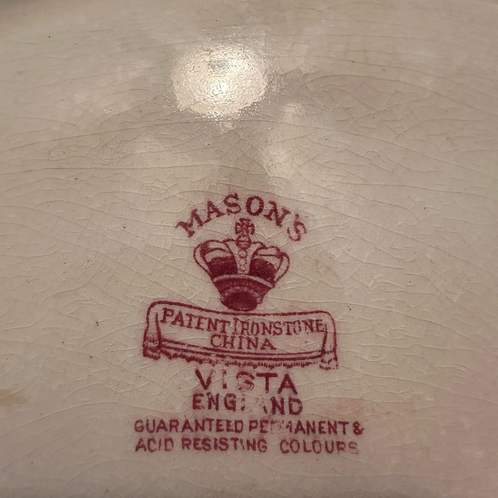 VINTAGE MASON’S RED VISTA RUFFLE EDGE OVAL VEGETABLE SERVING PLATE/BOWL 11.25” - Picture 3 of 5